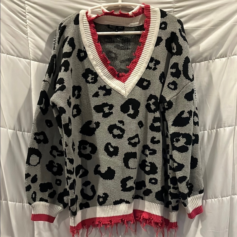 Glitzy Girlz 1X Leopard Print Distressed Trimmed Gray & Black Sweater Fall Trend